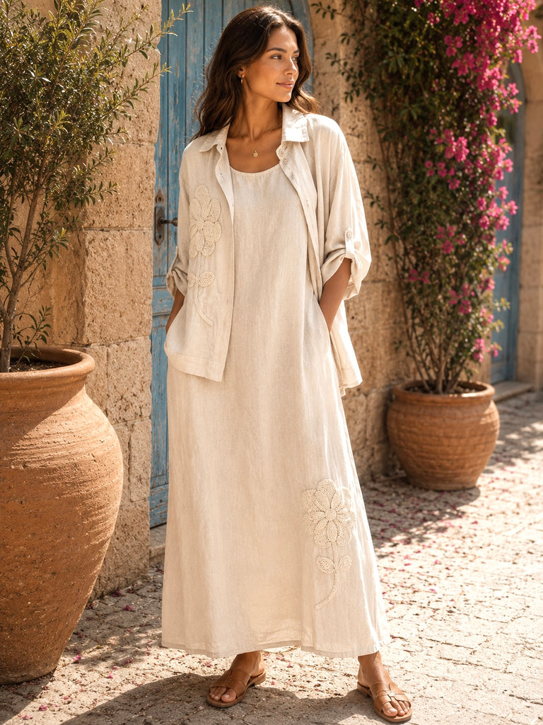 The Naturale Bellissima Pure Linen & Crochet Dress & Shirt Set