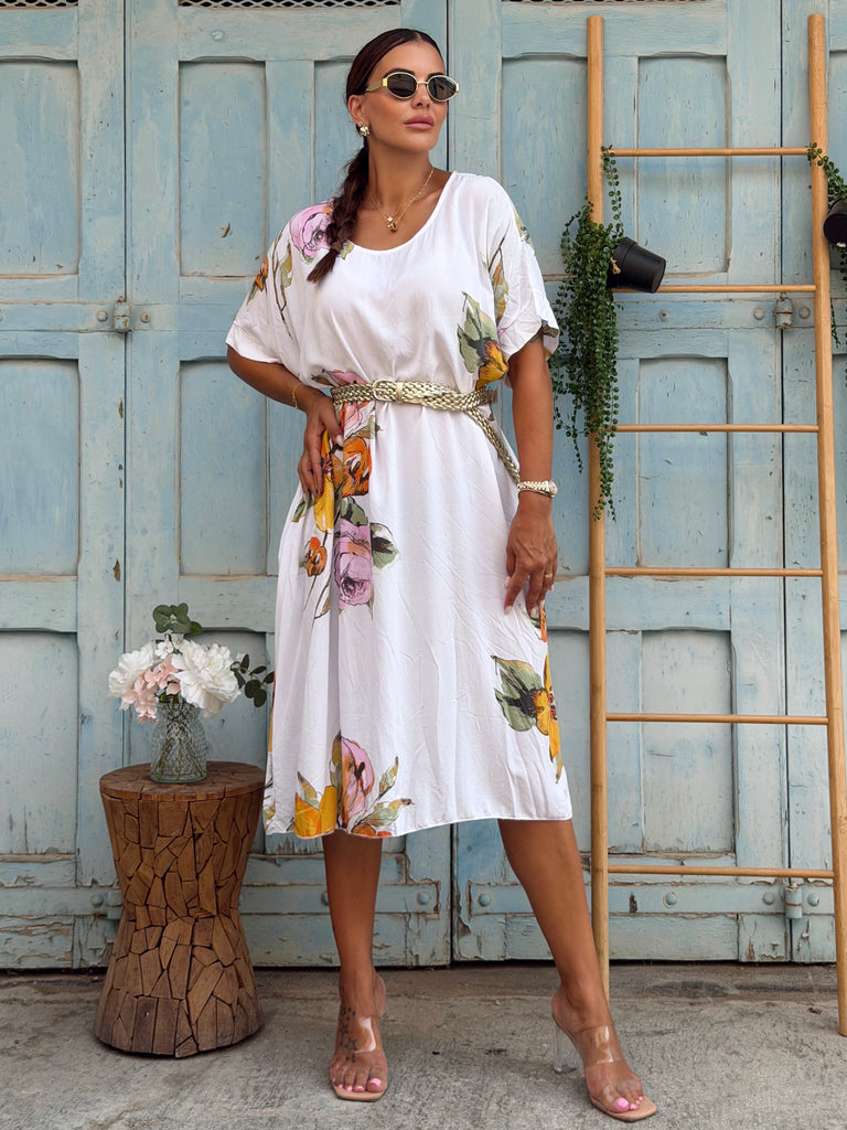 Fiori di Toscana Viscose Midi Dress - Bianca