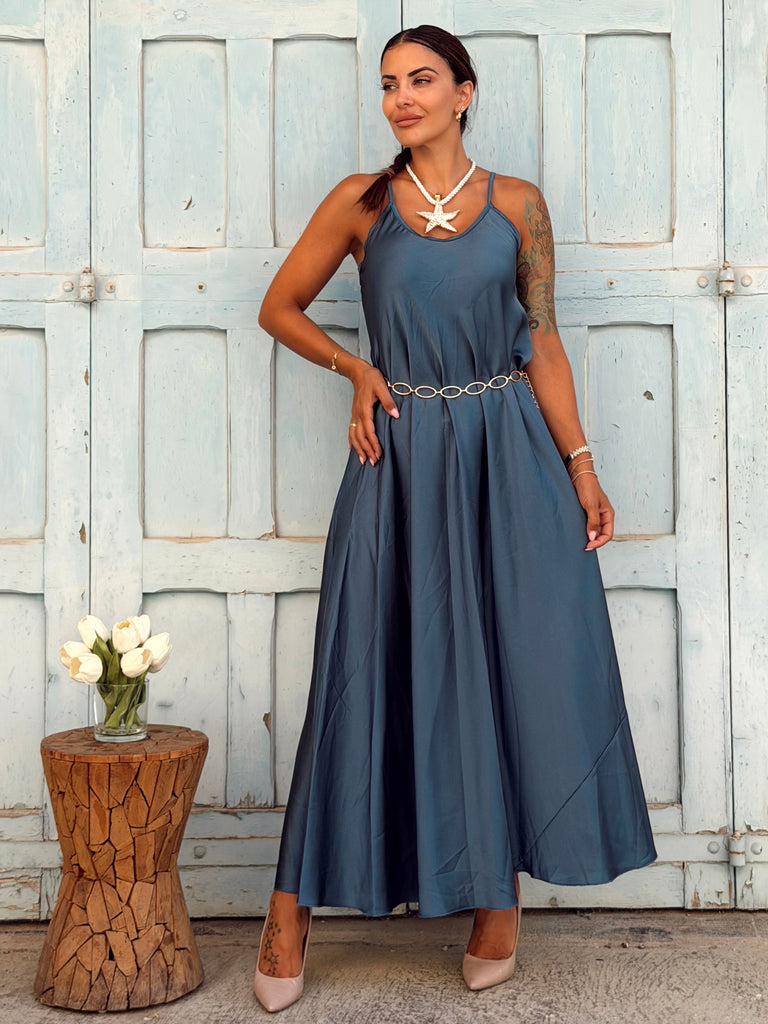 The Valentina Silky Satin Maxi Dress - Dirty Blue