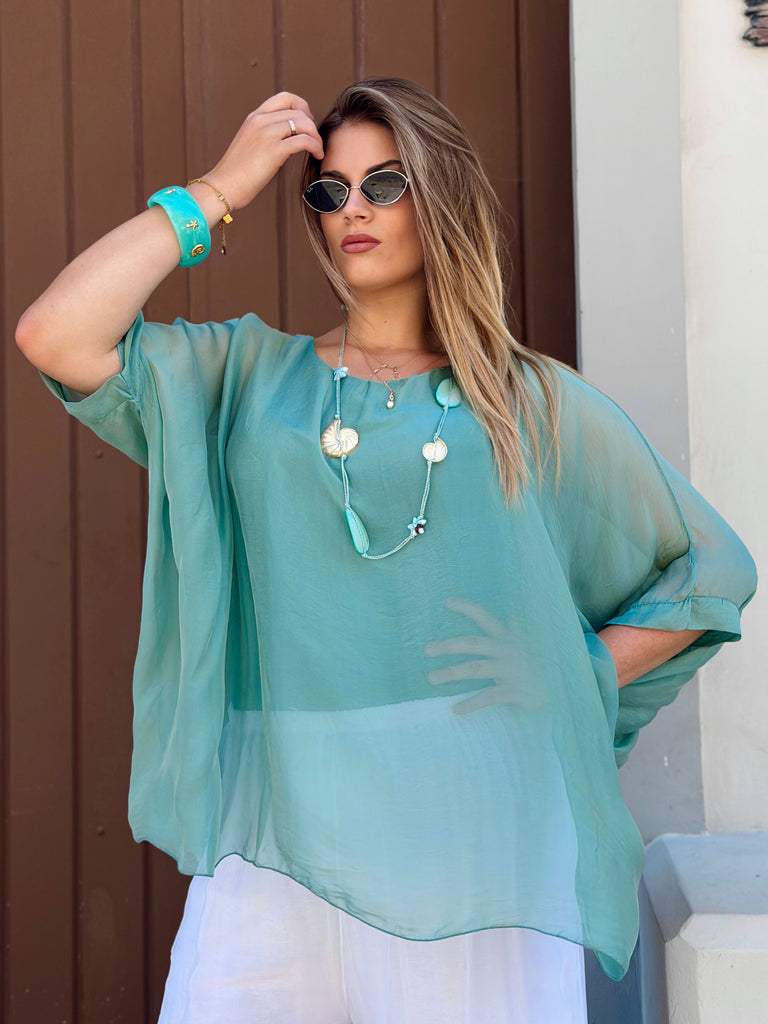 Acqua Soirée Pure Silk Draped Kaftan Top