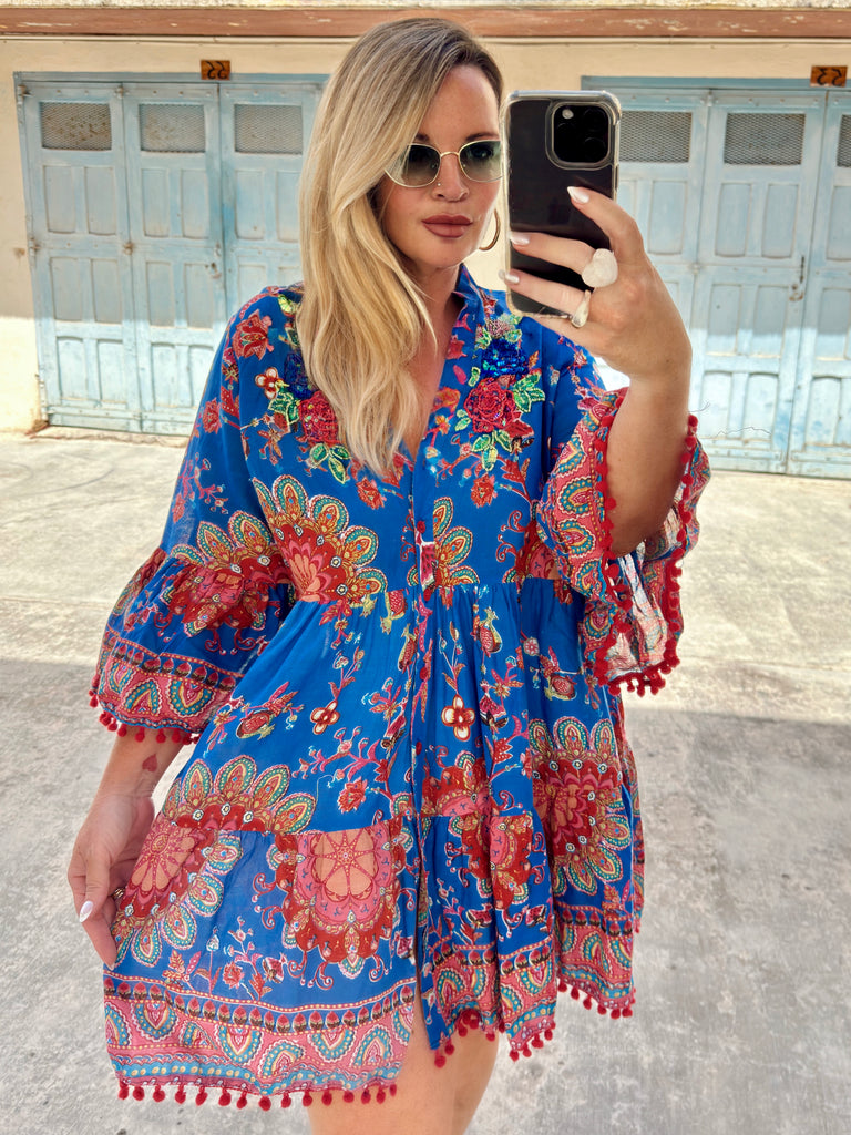 Blue and Coral Paisley Boho Dress