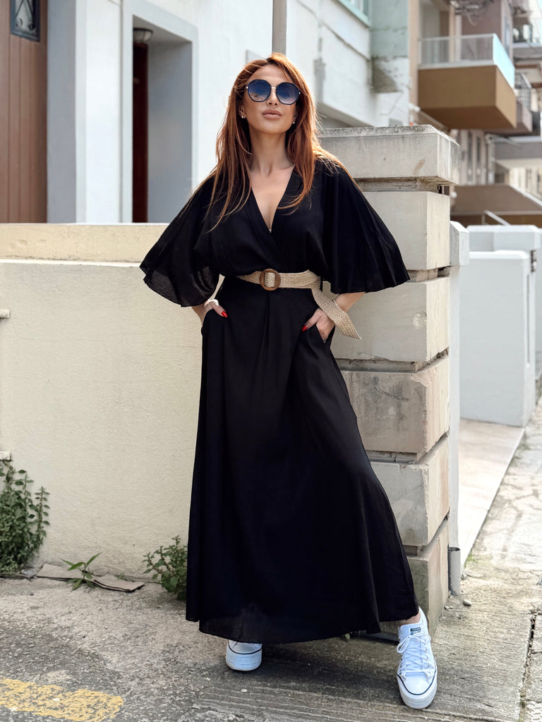 Black Verona Linen Blend Belted Dress