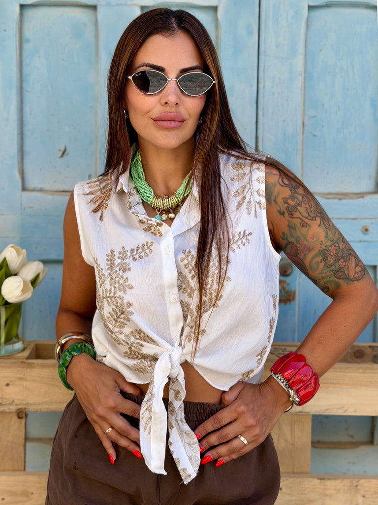 Sienna Gold Leaf Embroidered Tie-Front Shirt