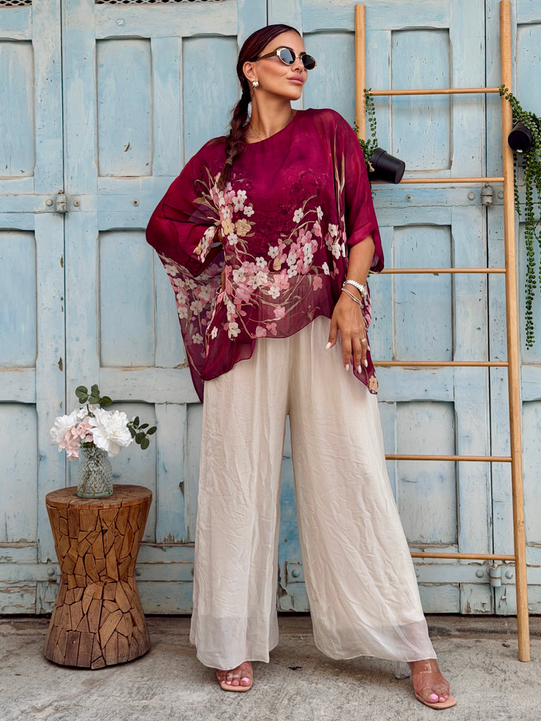 Bordeaux Cherry Blossom Pure Silk Set