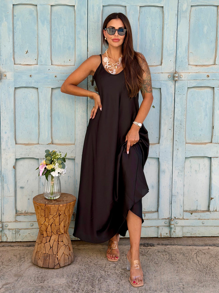 Midnight Silk Satin Maxi Dress