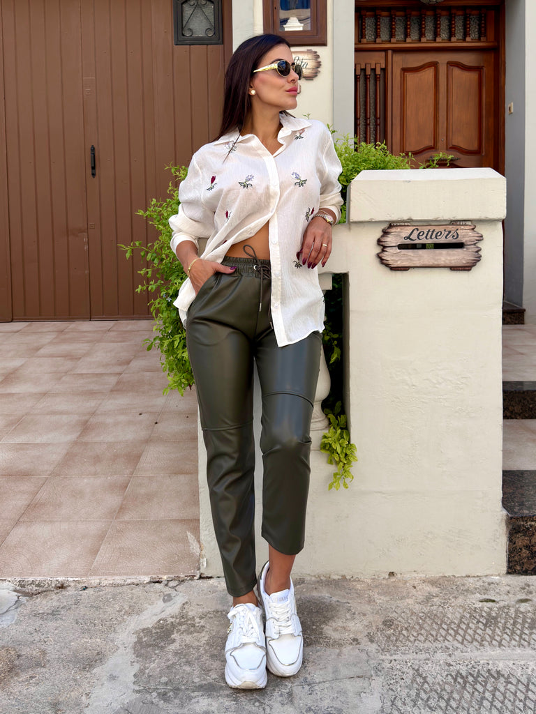 Khaki Aria Leather Trousers