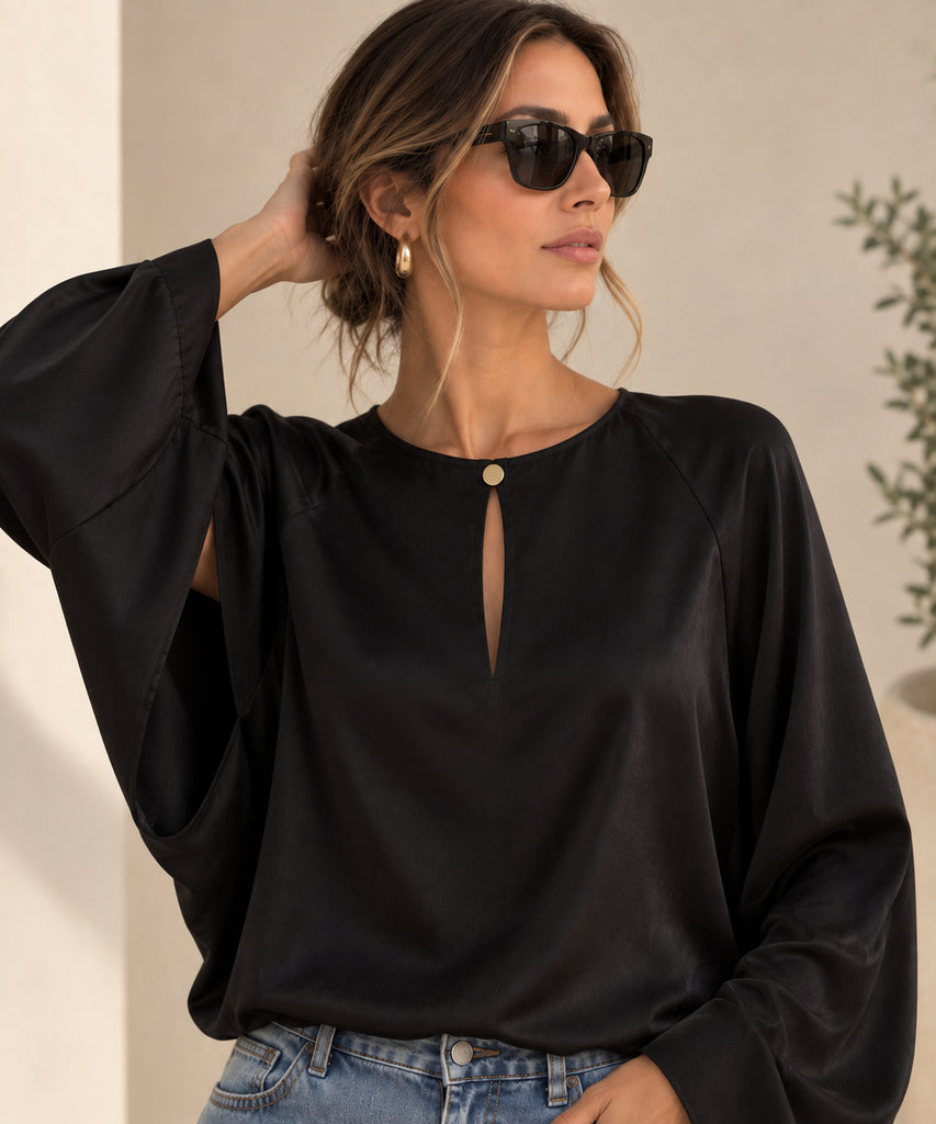 The Beaumont Noir Satin Blouse - Bougie Collection