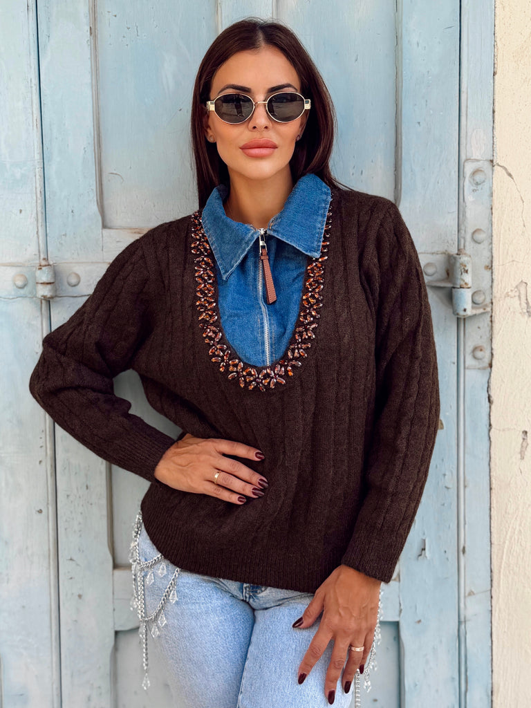 Oriane Jewel Trim Denim Collar Knit - Brown