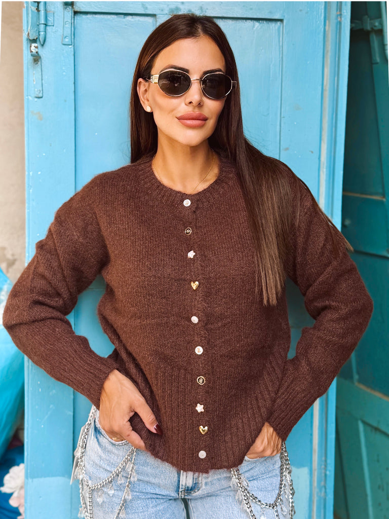 Bijou Novelty Button Cardigan - Chocolate