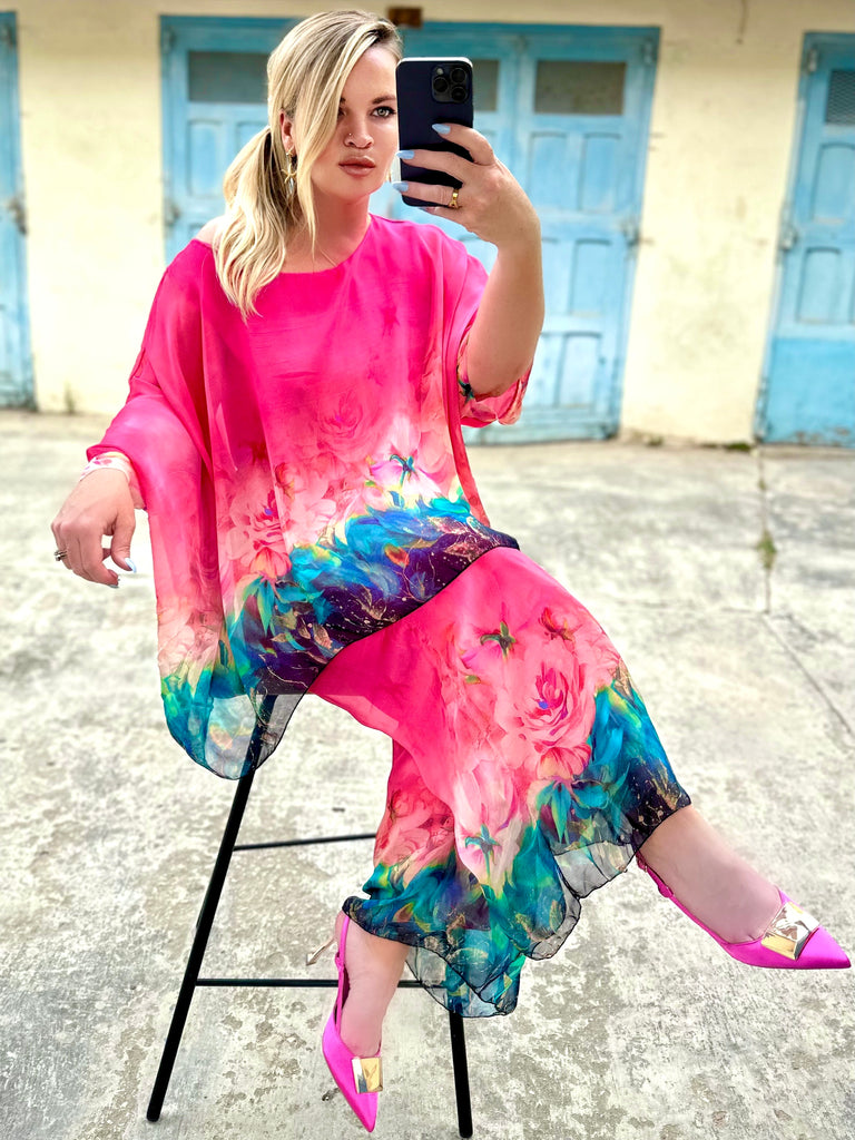Fucshia Flora Silk Kaftan Co-ord Set