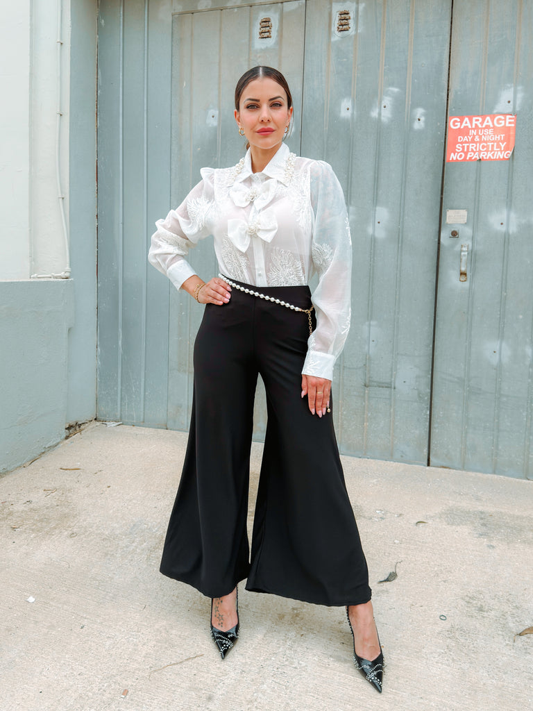 White Pearl Bow Blouse