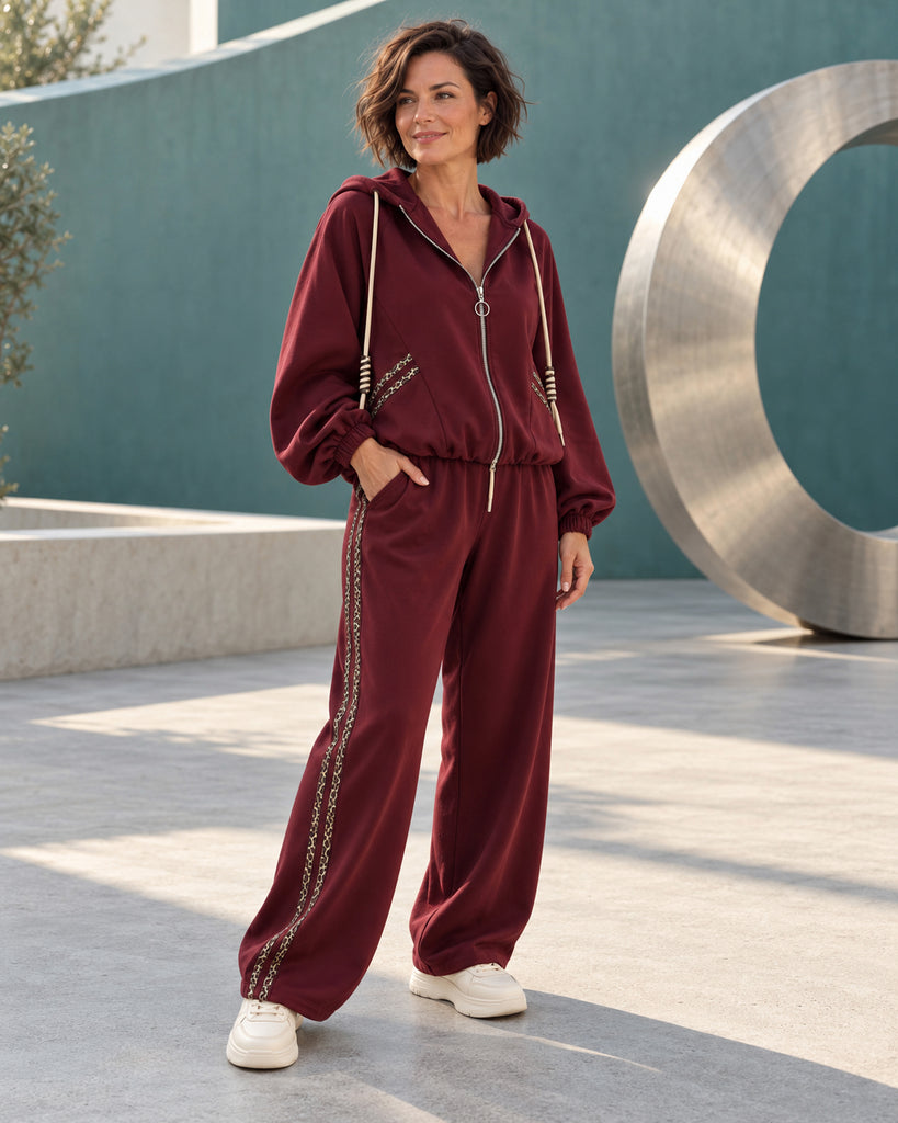 Solenne Leopard-Trim Oversized Tracksuit -  Burgundy