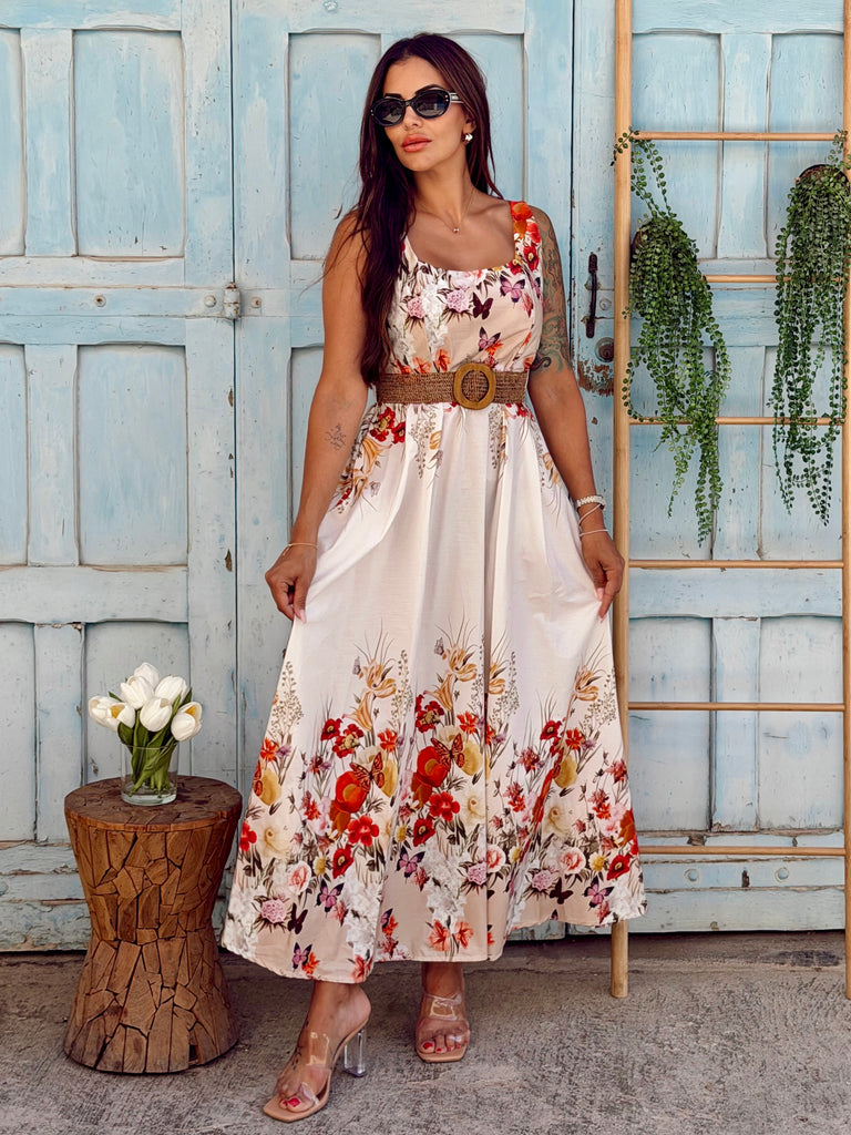 White Blossom Butterfly Maxi Dress