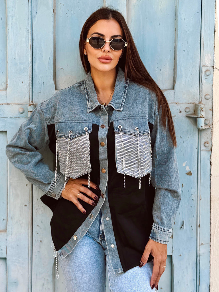 Solène Diamanté & Chain Detail Denim Shirt