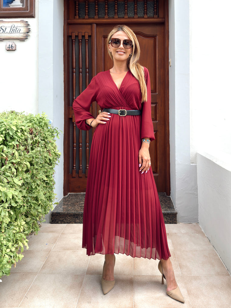 Burgundy Chiffon Pleated Dress