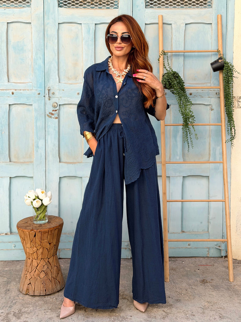 Sahara Embroidered Luxe Cotton Co-ord - Navy