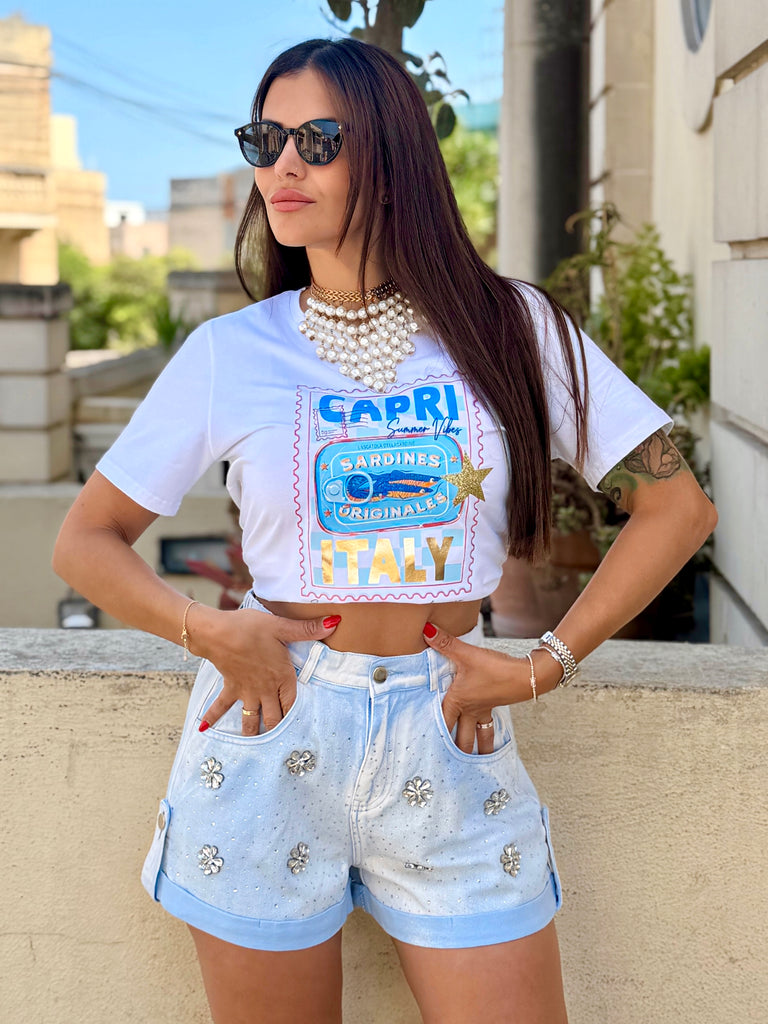 Crystal Bloom Denim Shorts