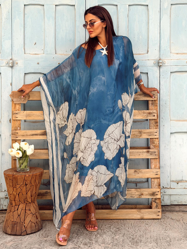Silk Hibiscus Kaftan – Ocean Mist