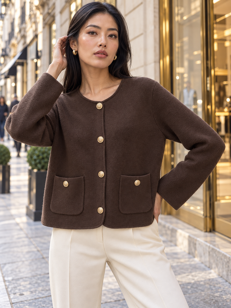 The Élise Gold Button Knit Cardigan - Chocolate Brown