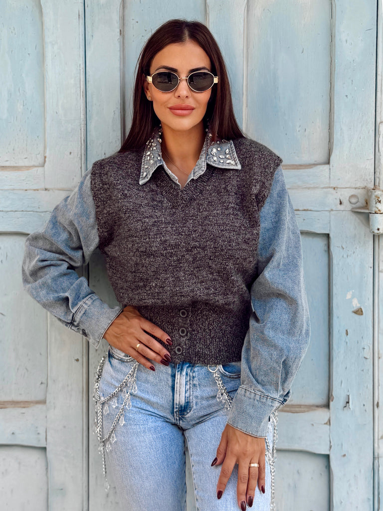 Éloane Jewel Denim & Knit Top
