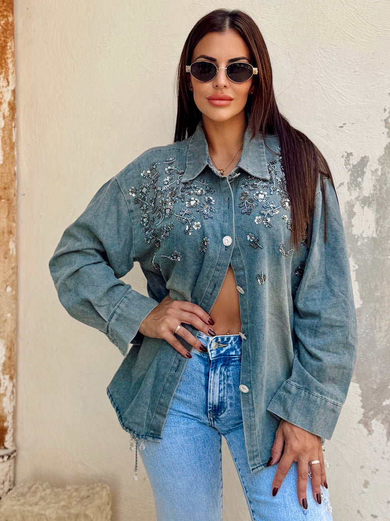 Isaline Beaded Floral Denim Shirt