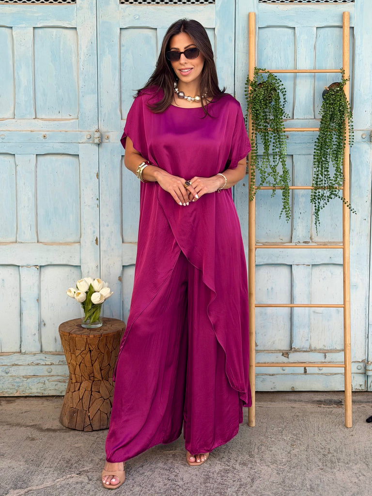 Magenta Cascade Silk Satin Co-Ord Set