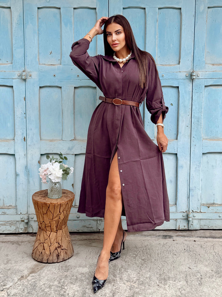 Varenne Belted Shirt Dress - Plum