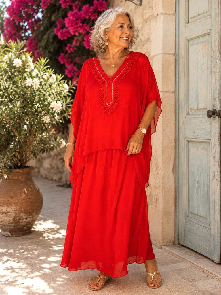 Palazzo Soie Luxe Oversized Pure Silk Maxi Dress - Rosso