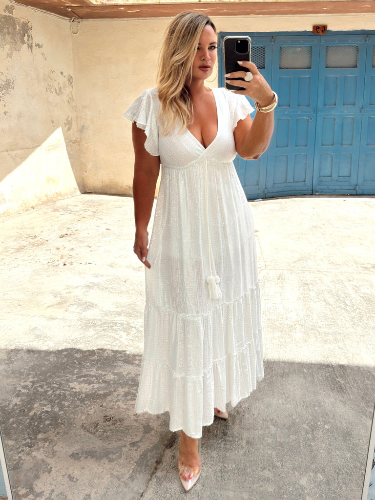 White and Silver Boho Maxi Dress