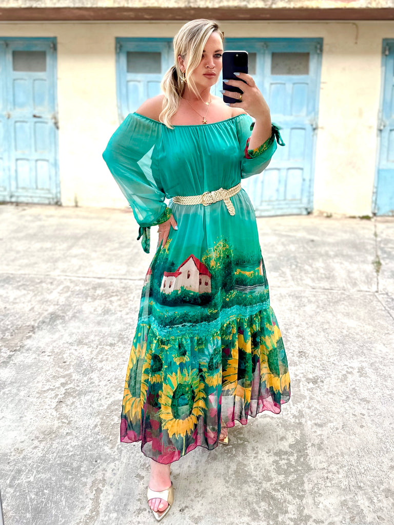 Jade Tuscan Silk Sunflower Dress