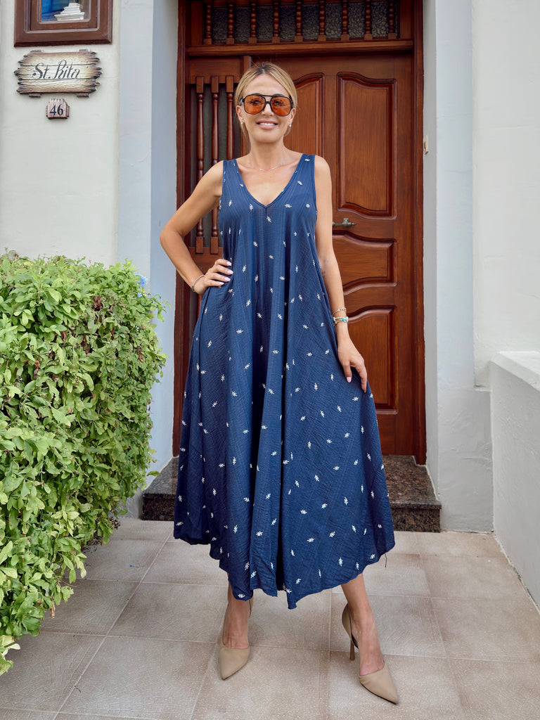 Navy Fern Print Loose Dress