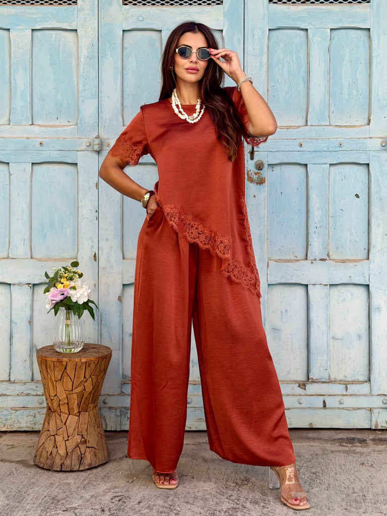 Vittoria Satin & Lace Wide-Leg Co-Ord Set / Burnt Orange