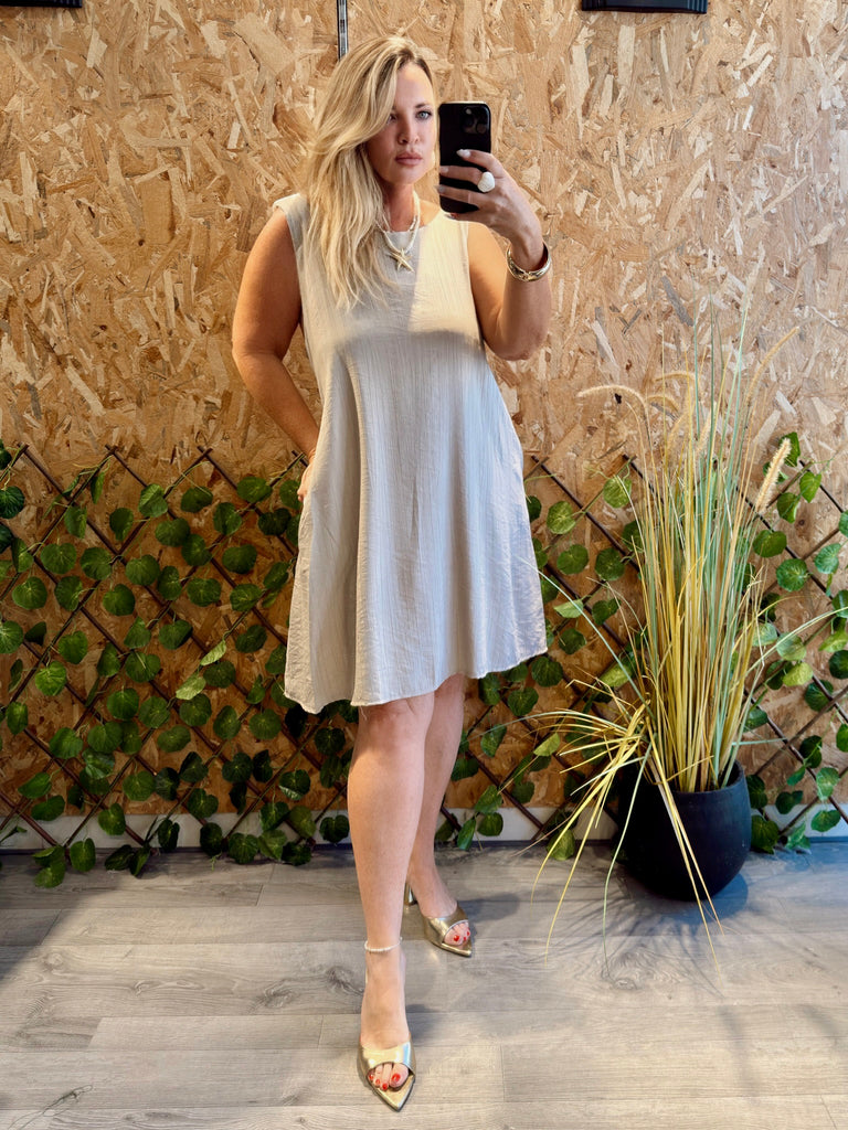 Stone and White Ruffle Strap A Line Dress