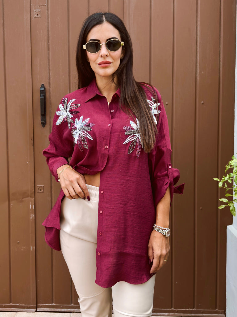 Bordeaux Amara sequin Embroidered Shirt