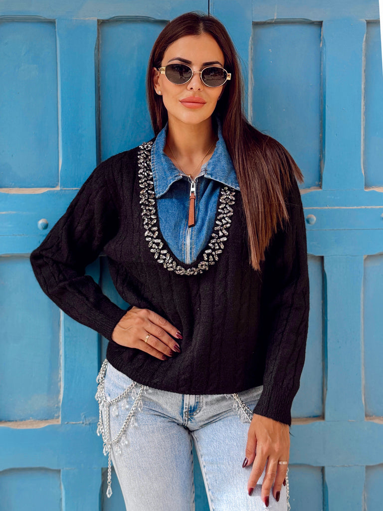Oriane Jewel Trim Denim Collar Knit - Black
