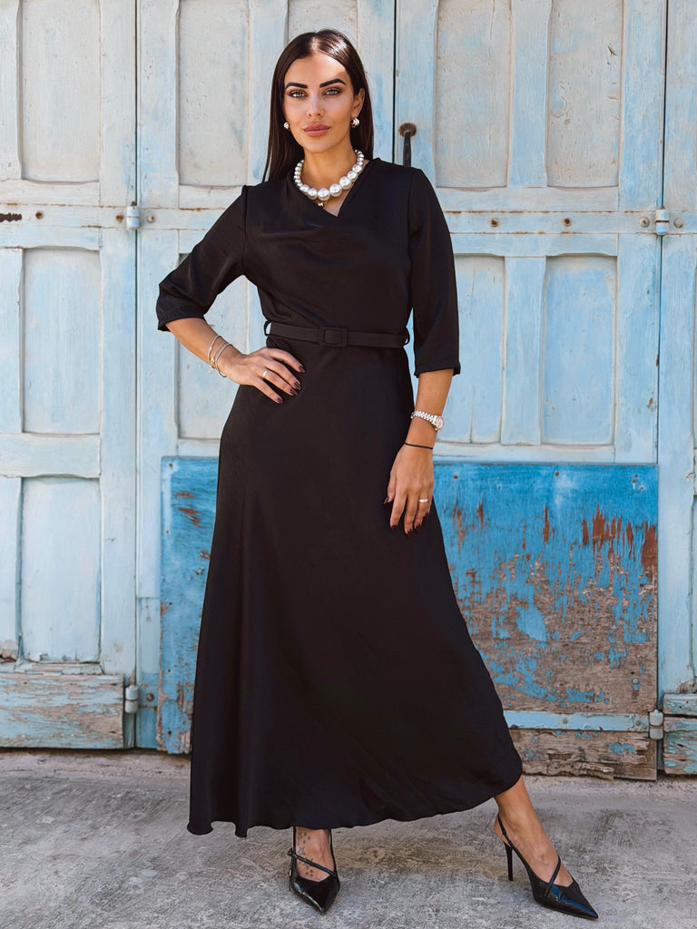 Éloane Belted Silky Satin Maxi Dress - Black