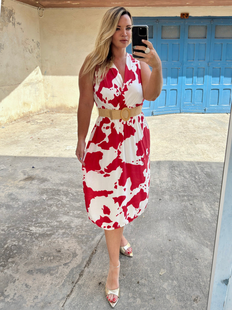 Red Viscose Wrap Midi Dress