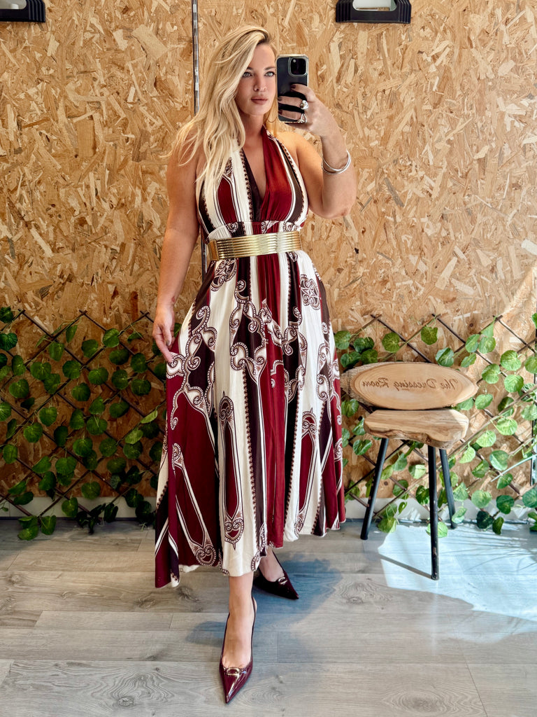 Burgundy Baroque Halter Backless Dress