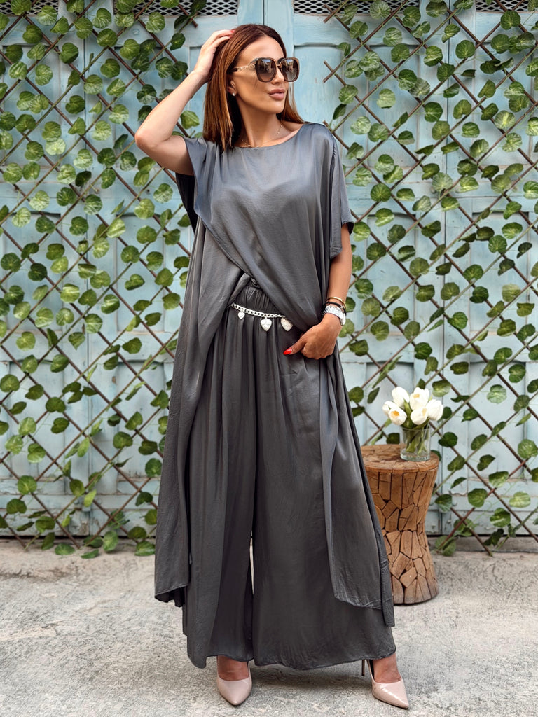 Graphite Grey Cascade Silk Satin Co-ord