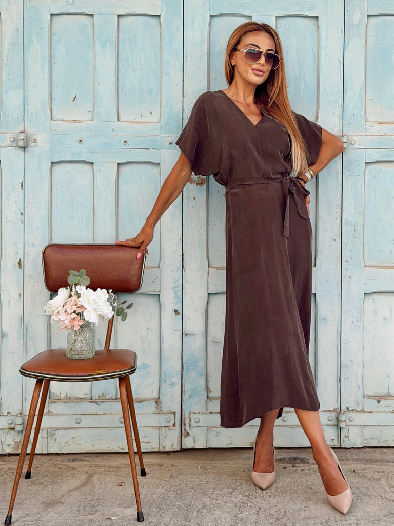 Caffè Silhouette Pure Cupro Maxi Dress - Bougie Collection