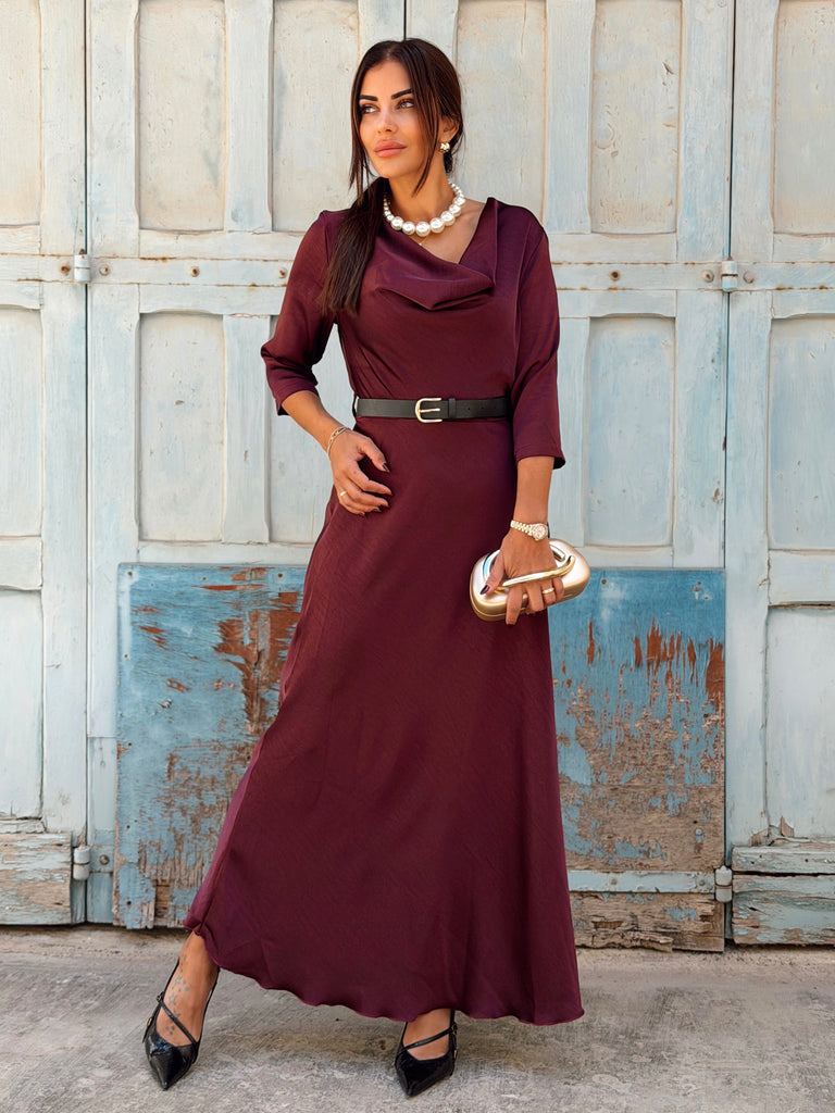 Éloane Belted Silky Satin Maxi Dress - Burgundy