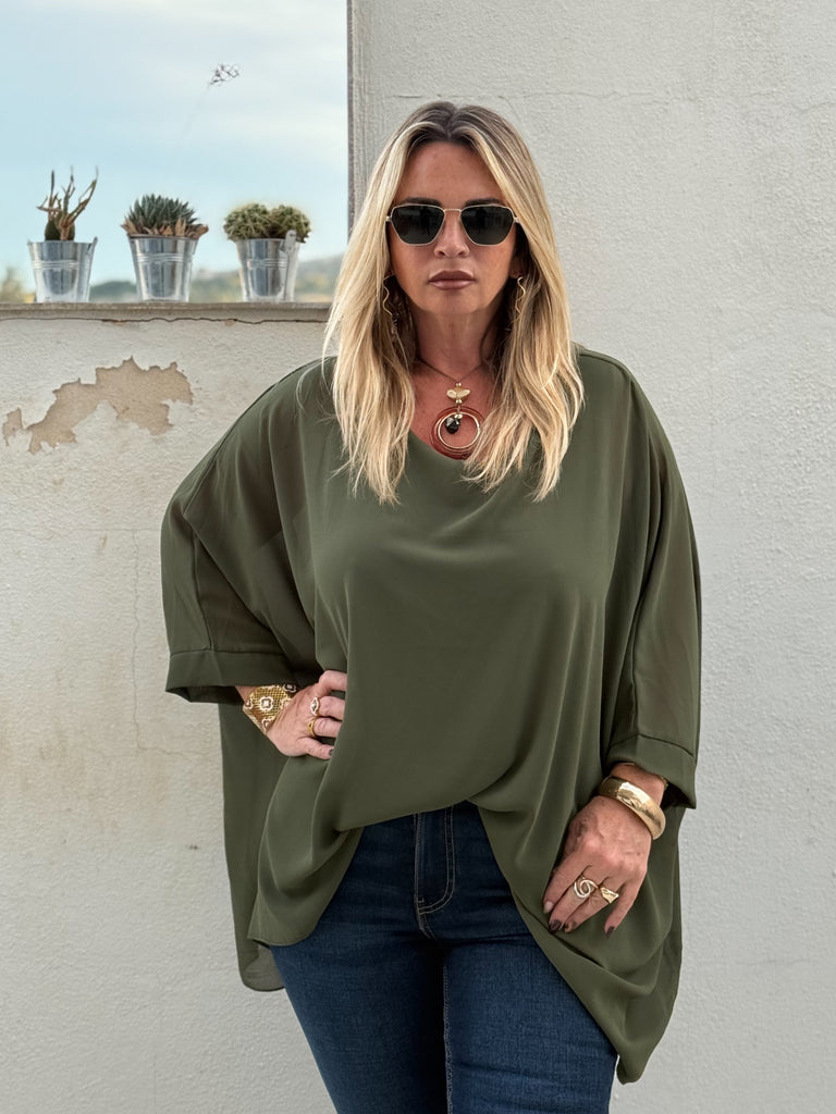 Luna Chiffon Tunic Top & Necklace - Khaki