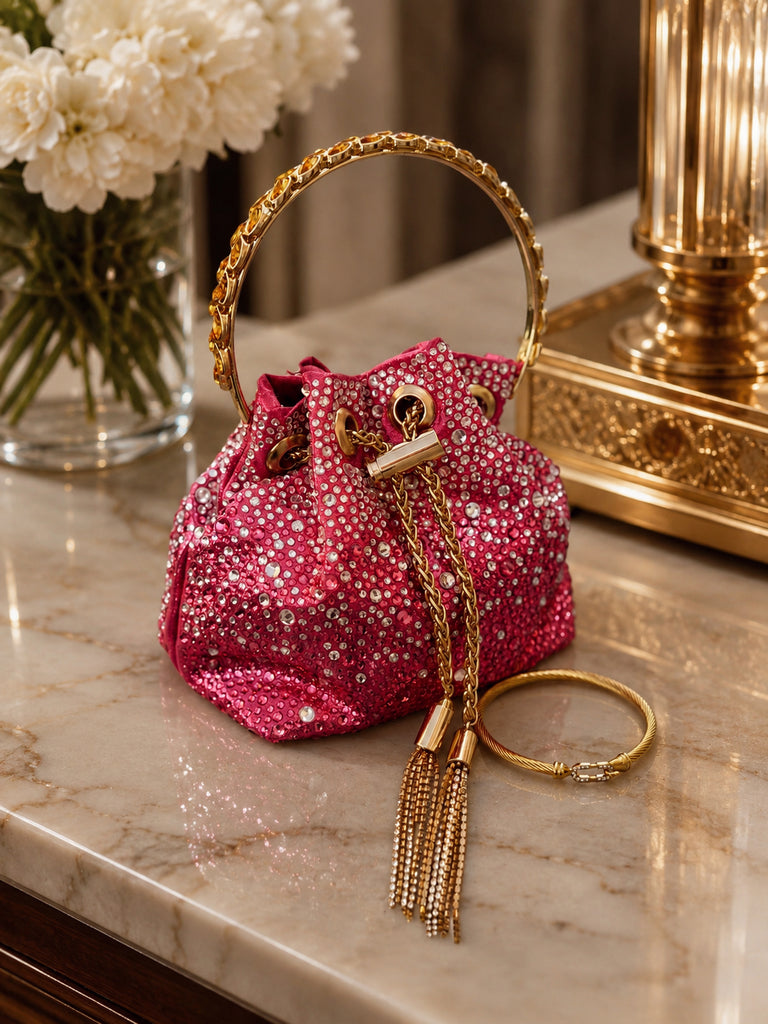 The Bijou Crystal Bucket Bag - Fucshia