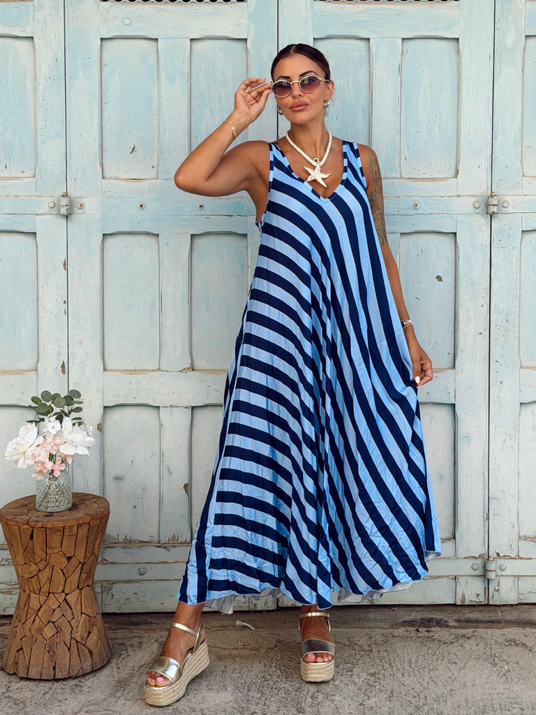 Blue Riviera Stripe Viscose Maxi Dress