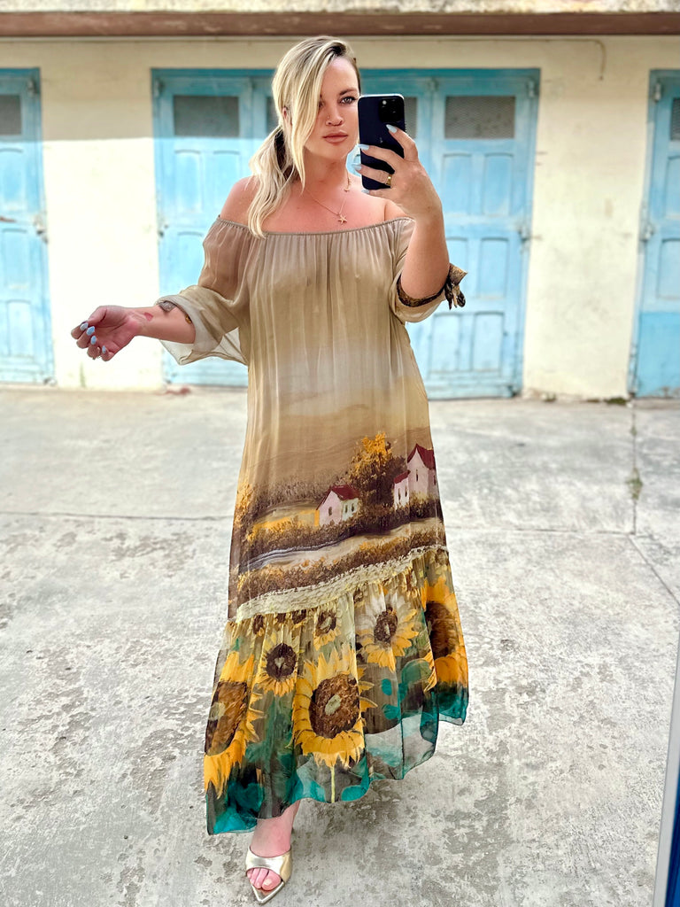 Taupe Tuscan Silk Sunflower Dress