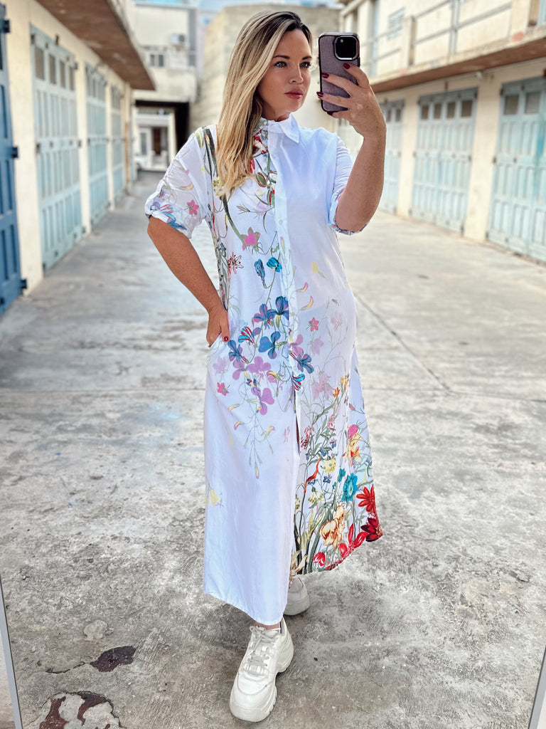 White Hand Painted Cotton Shirt Dress