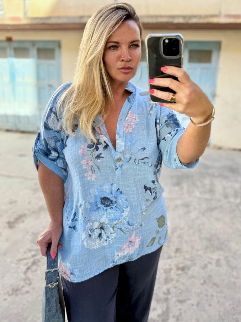Blue Floral Cotton Linen Top