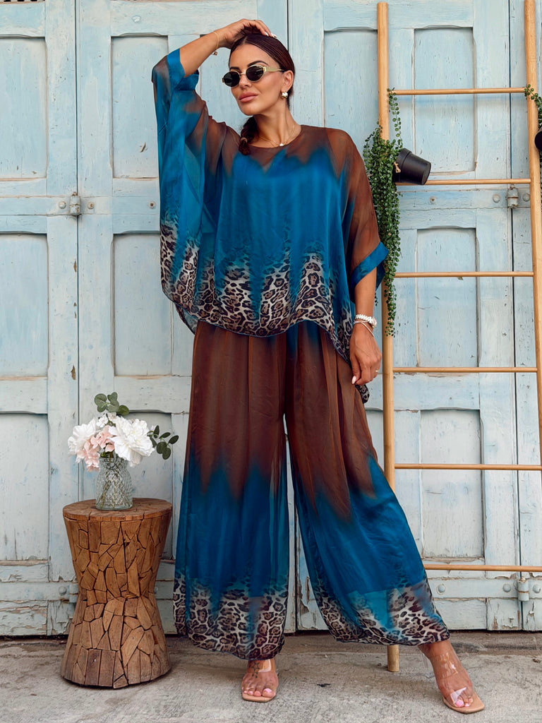 Petrol Leopard Pure Silk Set