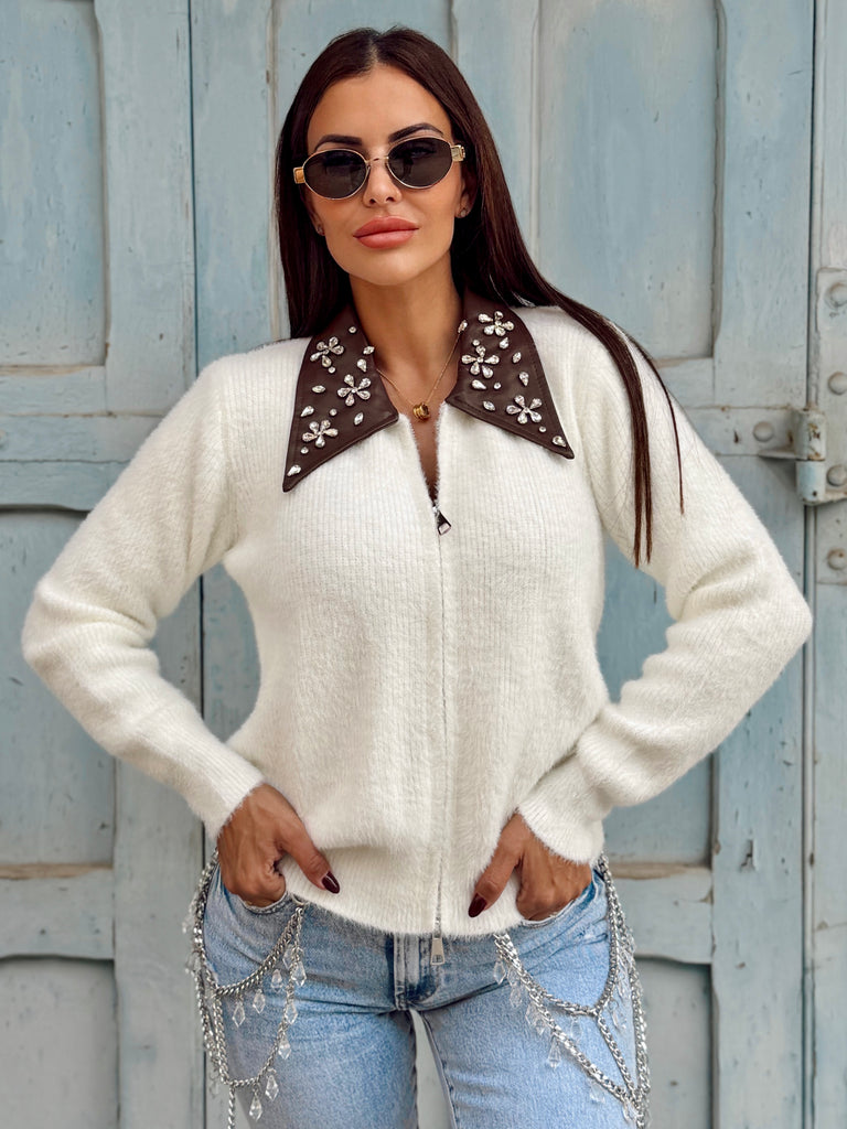 Cléa Jewel Leather Collar Knit Cardigan - Panna