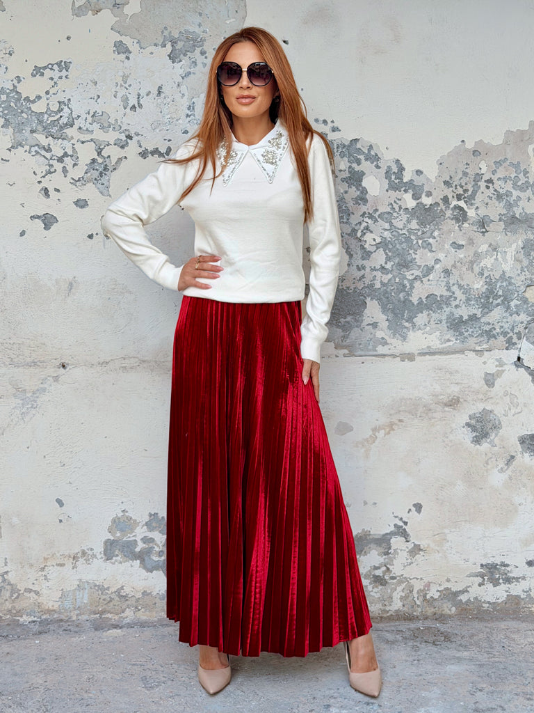 Burgundy Velvet Pleated Skirt